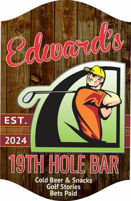 Personalized 19th Hole Golf Sign with editable text, featuring a golfer and club. Perfect customizable decor for home bars and golf enthusiasts.