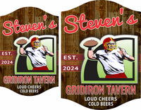 Personalized football gridiron tavern sign featuring a player getting ready to throw the ball and an editable established date. Perfect custom decor for home bars and man caves.