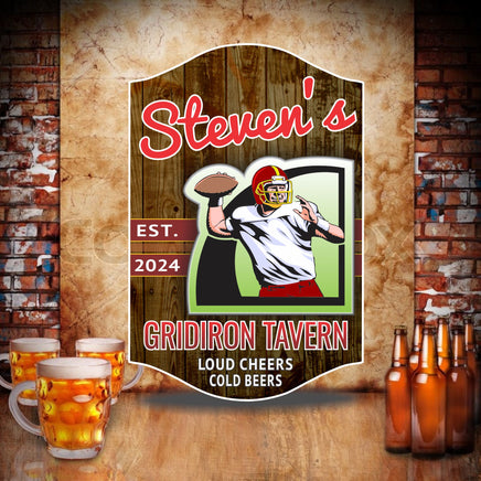 Personalized football gridiron tavern sign featuring a player getting ready to throw the ball and an editable established date. Perfect custom decor for home bars and man caves.