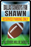 Personalized football parking sign with editable text, featuring a football field background, choice of football or helmet graphic, and customizable team colors.