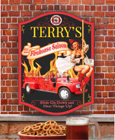 Personalized firehouse saloon sign featuring a vintage pinup girl on a fireman's pole and a firetruck in flames, with editable text. Perfect for home bars, man caves, or themed rooms.