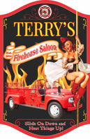 Personalized firehouse saloon sign featuring a vintage pinup girl on a fireman's pole and a firetruck in flames, with editable text. Perfect for home bars, man caves, or themed rooms.