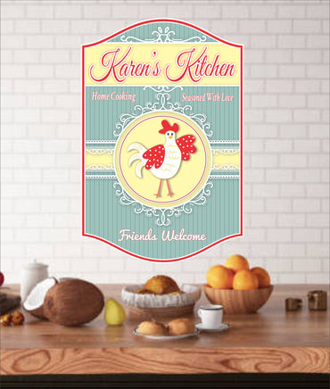 Personalized vintage-style kitchen sign featuring a cute country chicken on a yellow background with elegant white flourishes, and phrases like "Home Cooking" on a striped blue background. All text is editable.