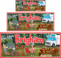 Personalized RV sign with a man watching TV, woman barbecuing, and their dog, featuring editable text.