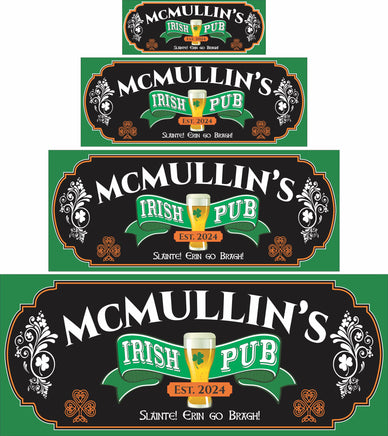 Custom Irish pub sign with editable text, featuring a beer glass with a shamrock and traditional Irish colors, perfect for home bars and man caves