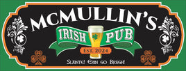 Custom Irish pub sign with editable text, featuring a beer glass with a shamrock and traditional Irish colors, perfect for home bars and man caves