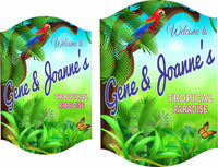 Custom tropical paradise sign with bright green leaves, parrot, butterfly, lizard, and editable text