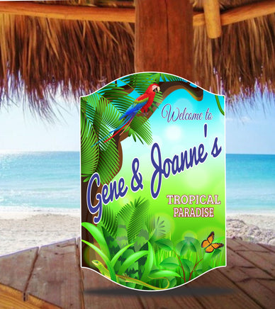 Custom tropical paradise sign with bright green leaves, parrot, butterfly, lizard, and editable text