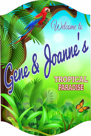 Custom tropical paradise sign with bright green leaves, parrot, butterfly, lizard, and editable text