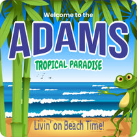 Personalized welcome sign with a waving frog and crashing ocean waves, featuring editable text