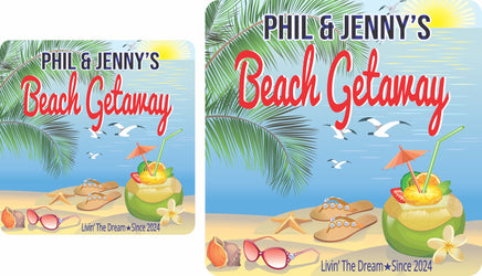 Personalized beach house sign featuring a tropical drink, seashells, flip flops, and seagulls, with editable text