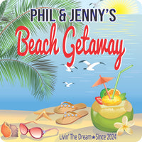 Personalized beach house sign featuring a tropical drink, seashells, flip flops, and seagulls, with editable text