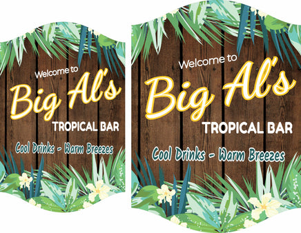 Personalized tropical bar welcome sign with faux wood background, tropical flowers, and plants, featuring editable text