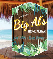 Personalized tropical bar welcome sign with faux wood background, tropical flowers, and plants, featuring editable text