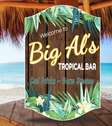 Personalized tropical bar welcome sign with faux wood background, tropical flowers, and plants, featuring editable text