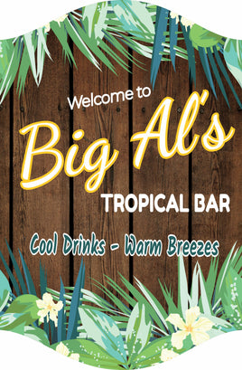 Personalized tropical bar welcome sign with faux wood background, tropical flowers, and plants, featuring editable text