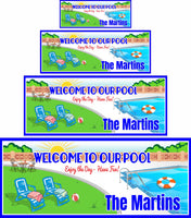 Custom swimming pool welcome sign with colorful backyard scene, editable text, pool, loungers, beach ball, life preserver, patio furniture, lawn, and bright sun