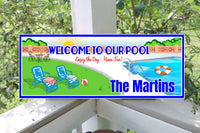 Custom swimming pool welcome sign with colorful backyard scene, editable text, pool, loungers, beach ball, life preserver, patio furniture, lawn, and bright sun