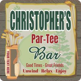 Personalized Par-Tee Bar Golf Sign with golf clubs, golf bag, and faux wood background, featuring editable text