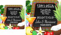 Personalized tropical tiki bar sign with chalkboard background, cocktail, palm trees, and tropical fruits, featuring editable text