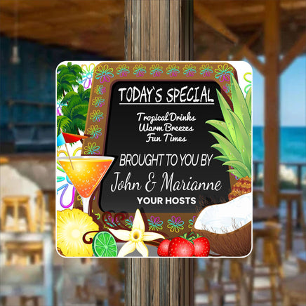 Personalized tropical tiki bar sign with chalkboard background, cocktail, palm trees, and tropical fruits, featuring editable text