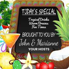 Personalized tropical tiki bar sign with chalkboard background, cocktail, palm trees, and tropical fruits, featuring editable text