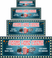 Personalized home cinema sign with printed flashbulb border, Art Deco font, popcorn, clapboard, and movie reels, featuring editable text
