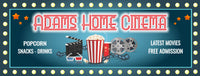 Personalized home cinema sign with printed flashbulb border, Art Deco font, popcorn, clapboard, and movie reels, featuring editable text