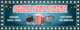 Personalized home cinema sign with printed flashbulb border, Art Deco font, popcorn, clapboard, and movie reels, featuring editable text