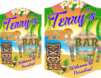 Personalized tiki bar welcome sign with editable text, featuring a desert island beach scene, colorful tiki bar, tiki totem, palm trees, and a sunset