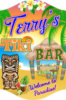 Personalized tiki bar welcome sign with editable text, featuring a desert island beach scene, colorful tiki bar, tiki totem, palm trees, and a sunset