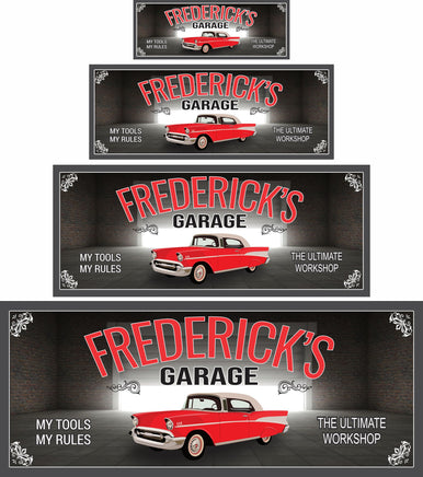 Personalized classic car garage sign with the phrase 'My Rules, My Tools,' featuring editable tex