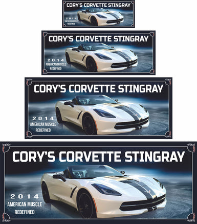 Personalized 2014 Chevrolet Corvette Stingray sign with editable text, perfect for car enthusiasts. Features bold, dynamic design elements suitable for garages, man caves, or as a gift.