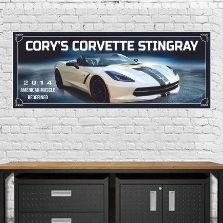 Personalized 2014 Chevrolet Corvette Stingray sign with editable text, perfect for car enthusiasts. Features bold, dynamic design elements suitable for garages, man caves, or as a gift.