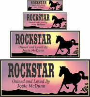 Personalized horse stall sign with a sunset background and horse silhouette. Features custom text including the horse's name and "Loved and Owned By." Rustic and elegant design perfect for barns and stables.