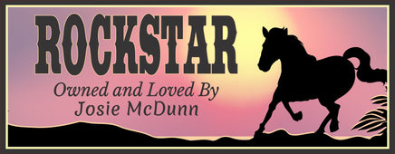 Personalized horse stall sign with a sunset background and horse silhouette. Features custom text including the horse's name and "Loved and Owned By." Rustic and elegant design perfect for barns and stables.