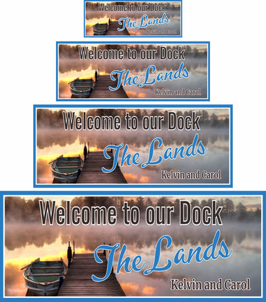 Personalized lake dock sign featuring a rowboat and dock photographic background with editable text. Perfect for adding a personal touch to your lakefront property.