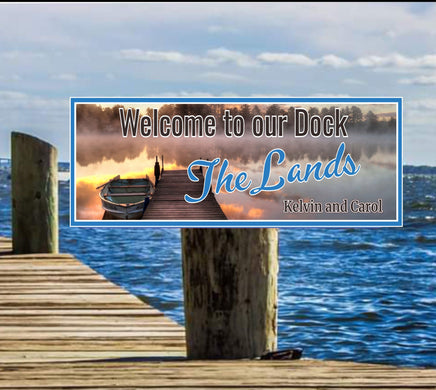 Personalized lake dock sign featuring a rowboat and dock photographic background with editable text. Perfect for adding a personal touch to your lakefront property.