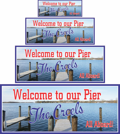  Personalized pier welcome sign for boat owners with a photographic lake background, blue skies, and wooden pier. Customizable text for a unique nautical touch. Perfect for docks and boathouses.