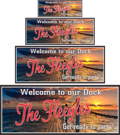 Custom Boat Dock Sign featuring a photographic sunset and pier background with editable text, perfect for adding a personalized nautical touch to lakeside or marina settings.