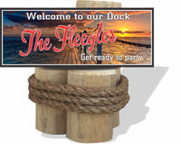 Custom Boat Dock Sign featuring a photographic sunset and pier background with editable text, perfect for adding a personalized nautical touch to lakeside or marina settings.