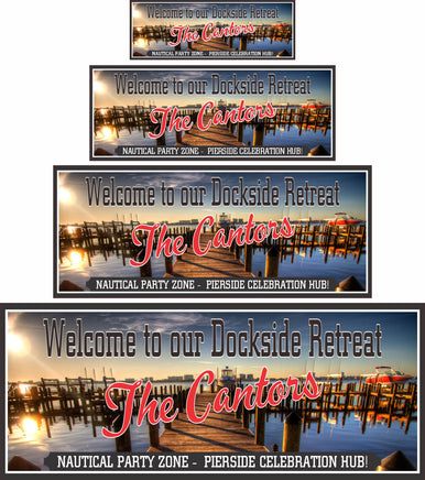 Personalized Dockside Retreat Welcome Sign with a serene lake background and fully editable text, perfect for adding a custom nautical touch to your lakeside setting.