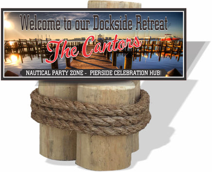 Personalized Dockside Retreat Welcome Sign with a serene lake background and fully editable text, perfect for adding a custom nautical touch to your lakeside setting.