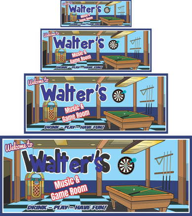 Personalized Music & Billiards Room Sign featuring retro jukebox and pool table decor with fully editable text lines. Perfect for game rooms, bars, or man caves.