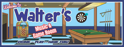 Personalized Music & Billiards Room Sign featuring retro jukebox and pool table decor with fully editable text lines. Perfect for game rooms, bars, or man caves.