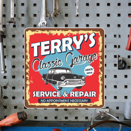  Personalized vintage style garage sign with distressed border, classic car imagery, and retro fonts.