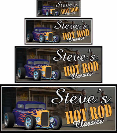 Personalized hot rod classics sign with vintage gas station background, customizable text for unique garage decor.