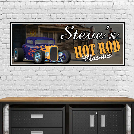 Personalized hot rod classics sign with vintage gas station background, customizable text for unique garage decor.