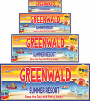 Custom Summer Retreat Welcome Sign featuring a playful water skiing theme, personalized with family name and established date, vibrant and colorful beach decor for summer getaways.