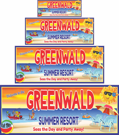 Custom Summer Retreat Welcome Sign featuring a playful water skiing theme, personalized with family name and established date, vibrant and colorful beach decor for summer getaways.